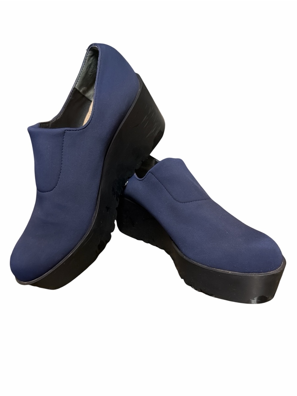 Donald J Pliner Navy Blue Fabric Wedge Booties Slip On Clogs Platform Size 7.5M